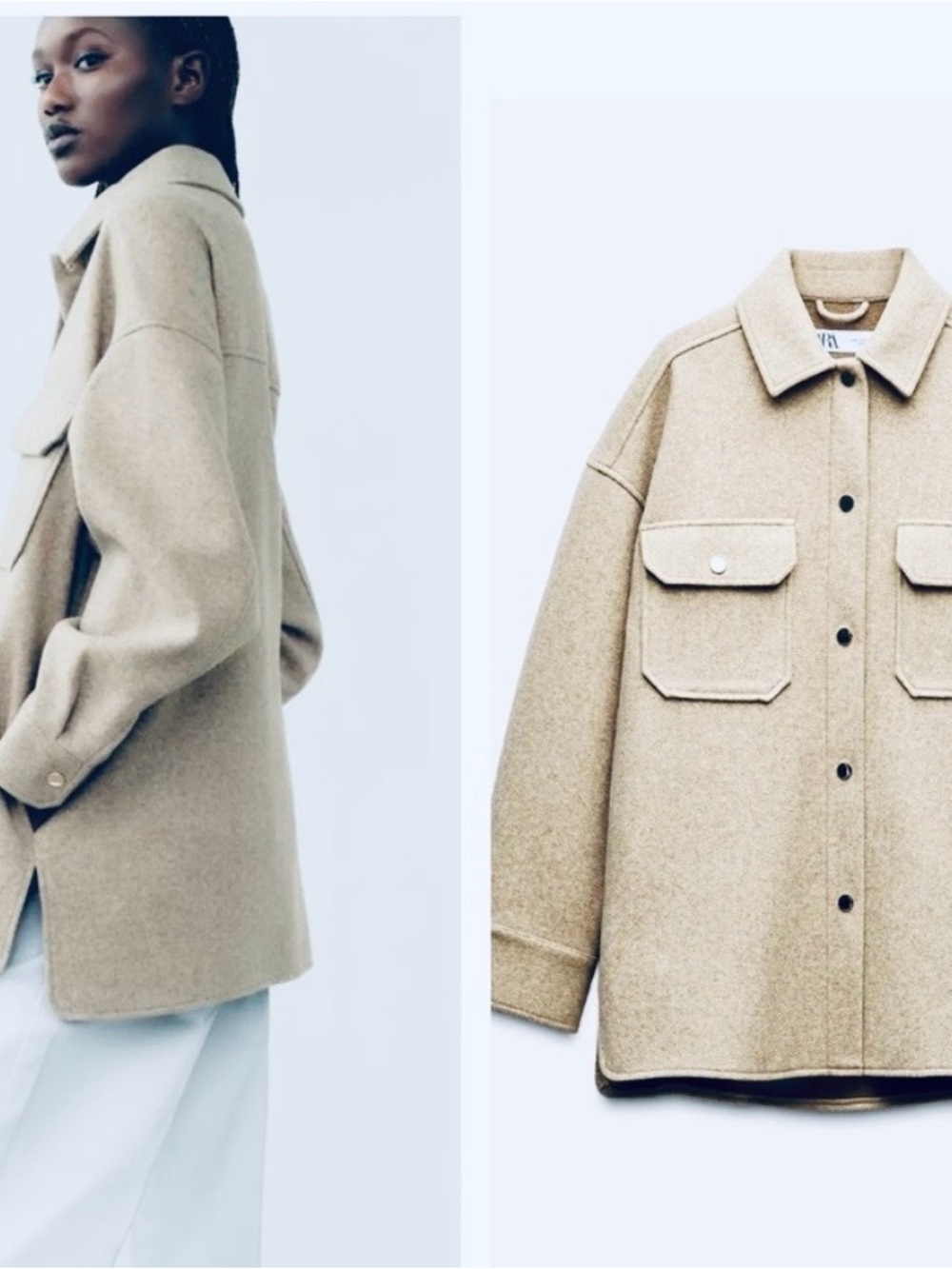 Zara Beige Wool Utility Shacket Jacket